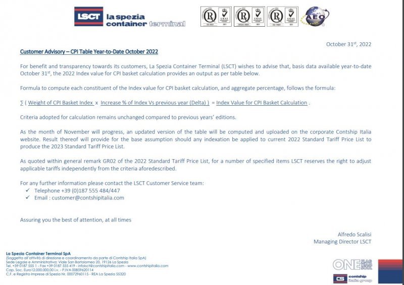 LSCT Customer Advisory - CPI Table YtD October 2022