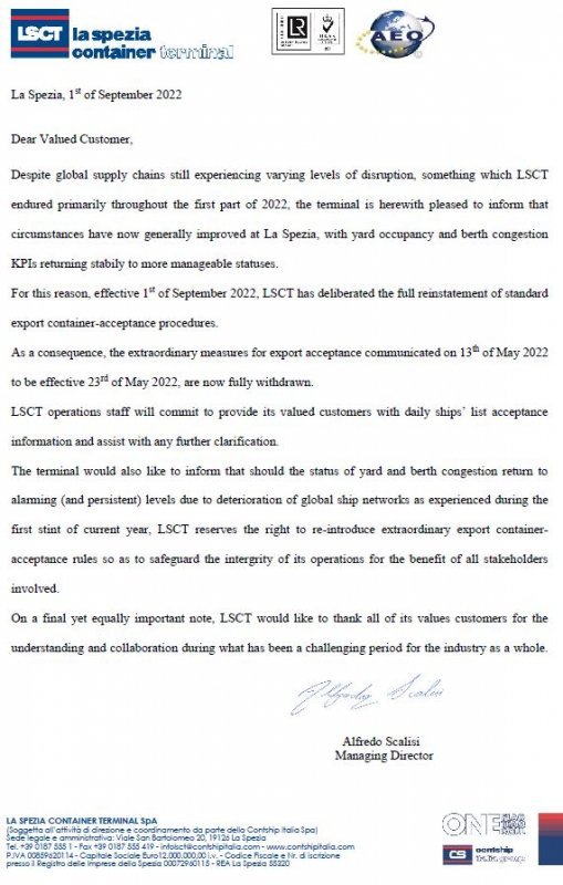 LSCT Customer Advisory - Export Acceptance - September 1st 2022