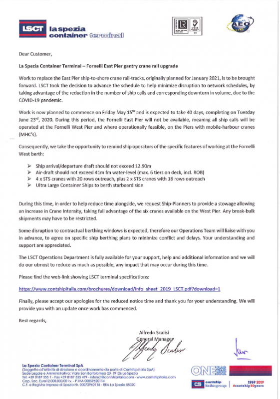 LSCT Customer Advisory - Fornelli East Pier gantry crane rail upgrade