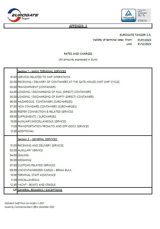 EGT Standard Tariff Price List 2023