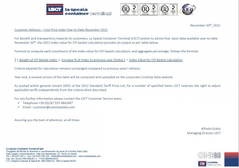 LSCT_Customer Advisory - Cost Price Index _YTD_November_2022