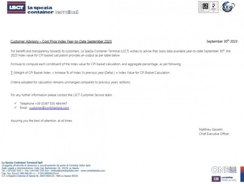 LSCT_Customer Advisory - Cost Price Index _YTD_September_2023