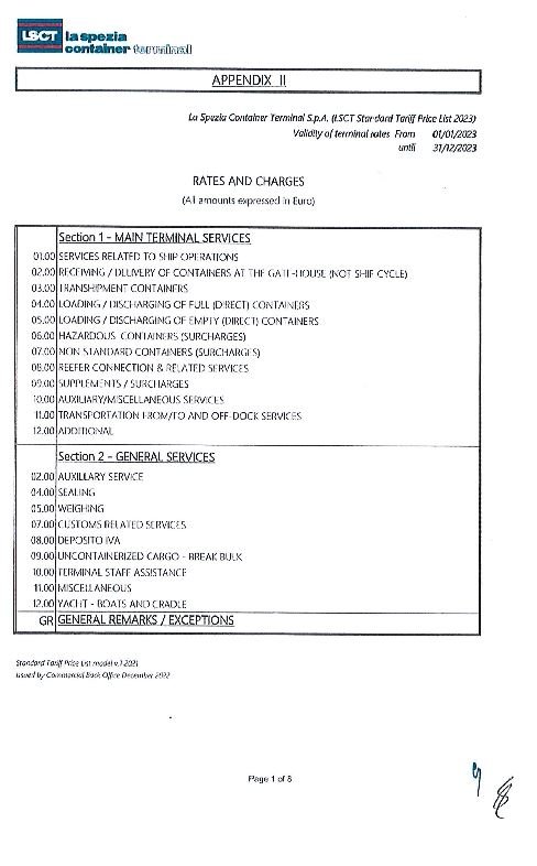 LSCT Standard Tariff Price List 2023
