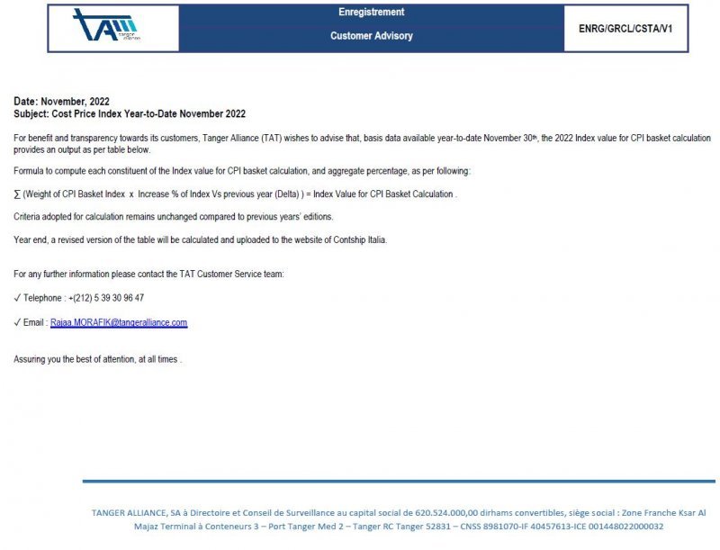 TAT_Customer Advisory - Cost Price Index _YTD_November_2022