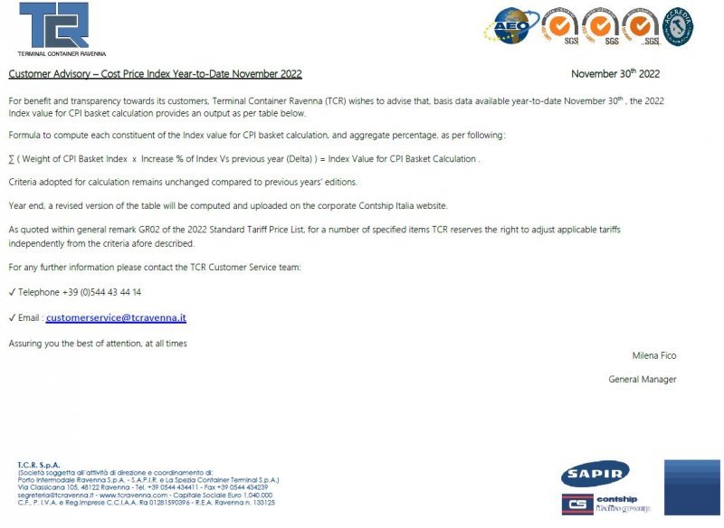 TCR Customer Advisory - Cost Price Index YTD November 2022