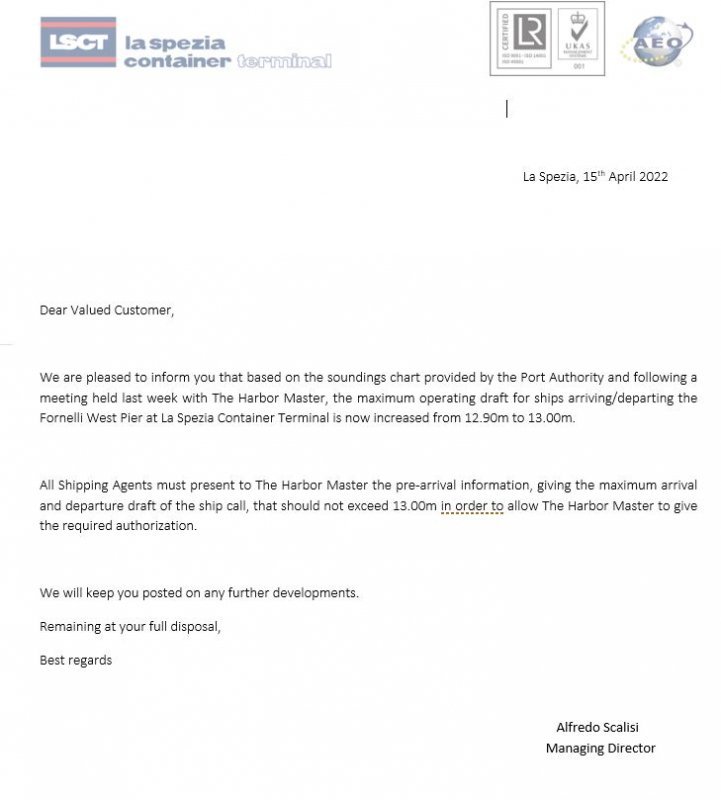 LSCT Customer Advisory - Fornelli West Pier Water Depth - April 2022