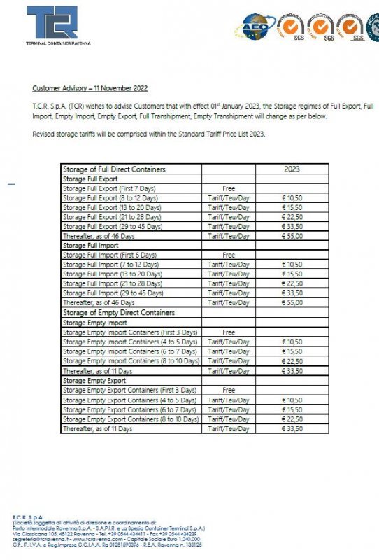 TCR Customer Advisory - Standard Tariff Price List 2023 Storage Regimes