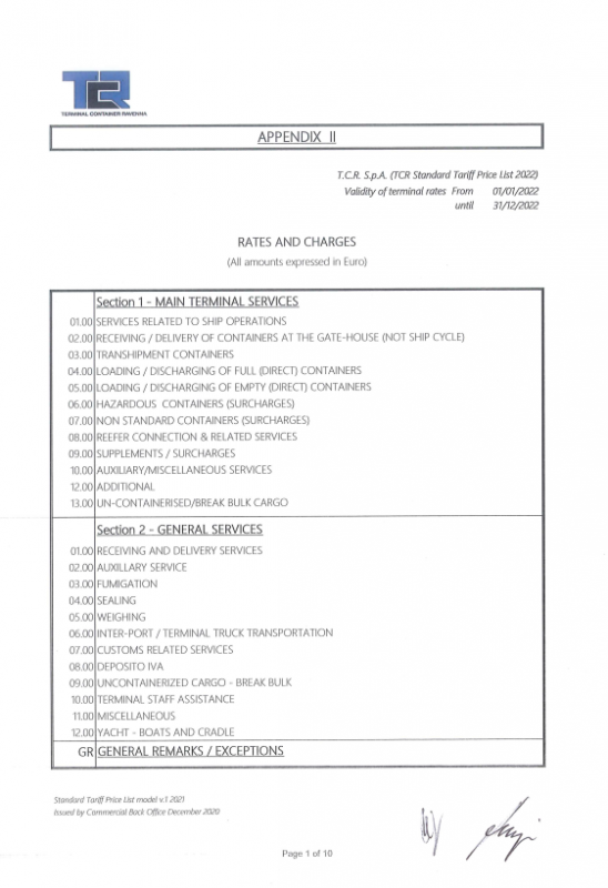 TCR Standard Tariff Price List 2022