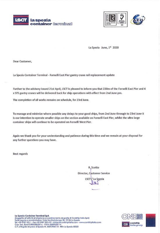 LSCT Customer Advisory Fornelli East Pier - update 1st of June