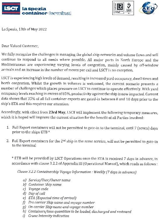LSCT Customer Advisory - Export Acceptance - May 13th 2022